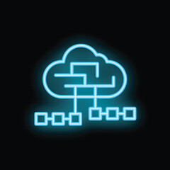 Glowing neon blue cloud computing icon representing data storage and network connectivity in the digital age