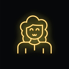 Yellow neon icon of a woman with curly hair smiling on a black background