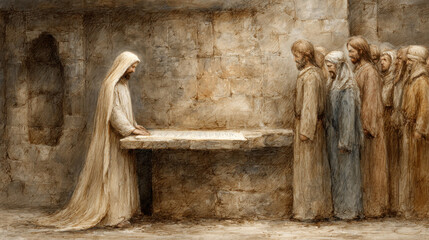 Hooded figure reading a scroll to a line of followers