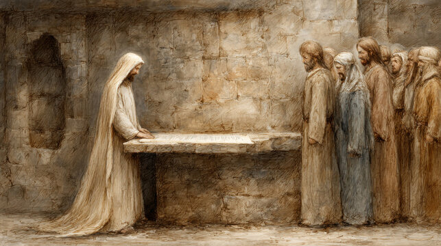 Hooded figure reading a scroll to a line of followers - Powered by Adobe