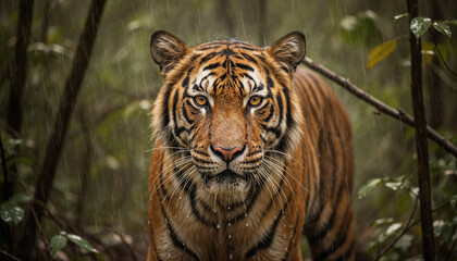 Obraz premium Majestic Tiger in Rainforest: A striking close-up portrait of a regal tiger, its piercing gaze and vibrant stripes stand out against the backdrop of a lush, rain-soaked rainforest.