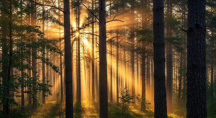 Obraz premium Sunlight streaming through a forest of tall trees