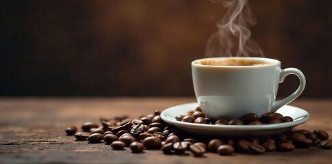 Steaming Coffee Cup with Scattered Beans Energizing Caffeine Boost for Website and Marketing