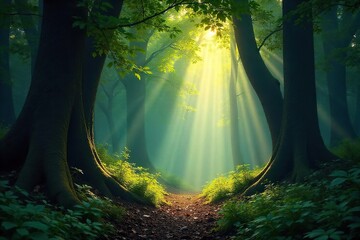 Dappled Sunlight Filtering Through Ancient Forest Canopy, Creating Deep Shadows on Woodland Floor - Perfect Nature or Fantasy Background