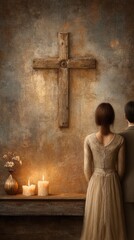Couple standing before wooden cross and candlelight altar