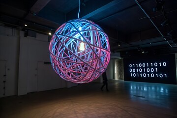 A neon sphere hangs in a dark room with binary code displayed on a screen in the background
