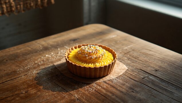 A single, small tart or pie with lemon filling, beautifully illuminated by sunlight on a rustic wooden table.