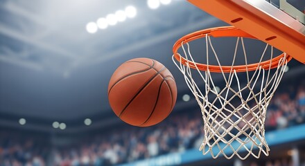 Basketball soaring towards the hoop in a stadium, capturing the excitement and action of the game