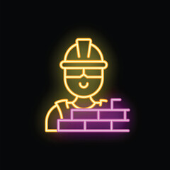 Neon sign of a smiling construction worker wearing a hard hat and building a brick wall