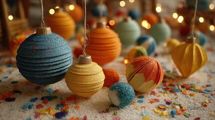 Colorful glitter Christmas balls and decorations on festive background