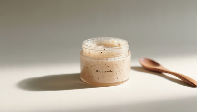 Body scrub in small jar with wooden spoon on neutral background  