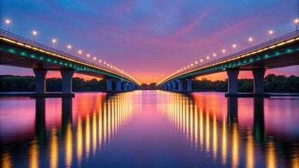 Illuminated River Bridge at Sunset with Reflections and 5G Signal
