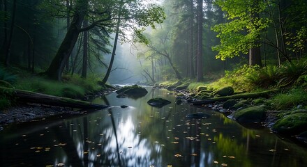 Obraz premium Serene Forest Stream Sunlight Filtering Through the Trees