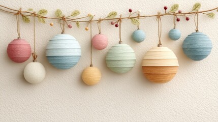 Hanging paper ornaments on natural vine garland, soft pastel tones