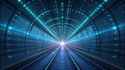 Futuristic Tunnel Perspective with Bright Lights and Rail Tracks
