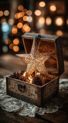 Illuminated decorative star in antique wooden box with pinecones