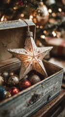 Vintage star ornament with Christmas baubles in wooden box