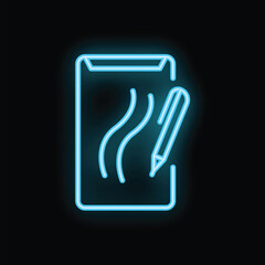 Obraz premium Blue neon sign of a stylus pen writing on the screen of a digital tablet