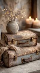 Fototapeta premium Rustic stacked suitcases with glowing fairy lights and vase