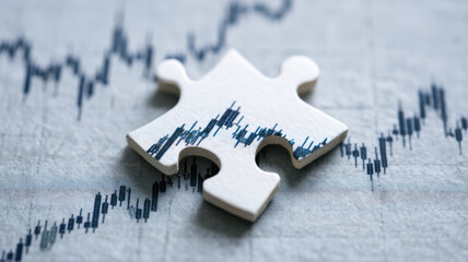 A single jigsaw puzzle piece placed on top of a stock chart, concept of market and puzzle
