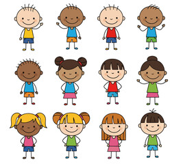 A charming illustration of twelve diverse and happy cartoon stick-figure children with different skin tones, hairstyles, and colorful outfits
