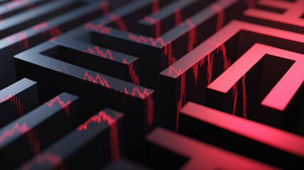 Stock market line emerging from maze, minimal