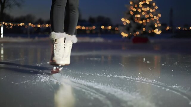 Close up of white ice skates gliding on an ice rink with glowing festive lights and a decorated Christmas tree in background.
