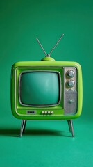 Bright green retro television on matching green background