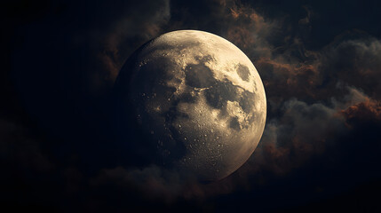 A bright, full moon emerges from dark, swirling, atmospheric clouds.