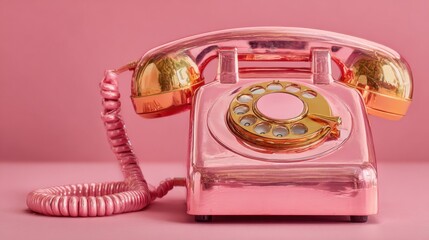 Elegant pink and gold retro phone with coiled cable on pastel surface