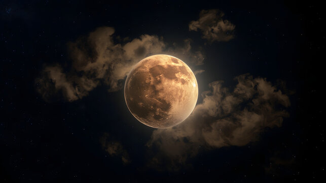 Full moon shining brightly in the night sky, partially obscured by wispy clouds.