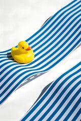 A yellow rubber duck sits on a blue and white striped ribbon isolated on white background