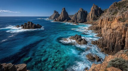 Rugged cliffs and deep blue sea under clear sky