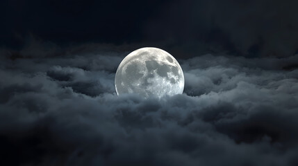 Fototapeta premium Full moon shining brightly through a thick layer of dark, swirling clouds in the night sky.