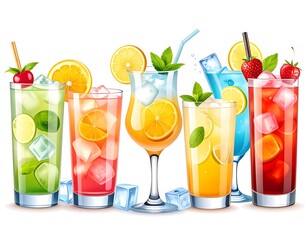 Colorful and Refreshing Summer Cocktails and Beverages with Fruits and Ice