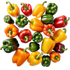 Overhead View of a Variety of Colorful Bell Peppers and Chili Peppers on a transparent background PNG  