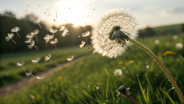 Close up of dandelion seed head blowing in the wind at sunset