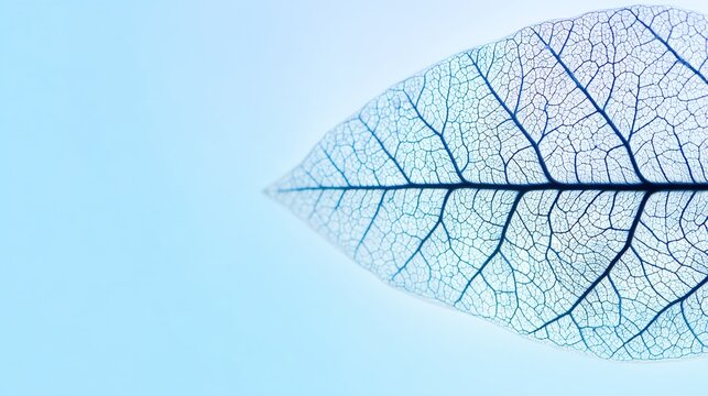 lungs. Close-up of delicate leaf veins resembling a natural network on a soft blue background. gardening catalogs, home-decor guides, designed for home decor and floral branding.