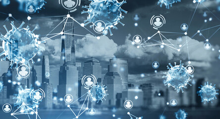 Coronavirus particles and digital network icons overlaying New York City skyline, in creative style, cloudy dramatic background, concept of global pandemic