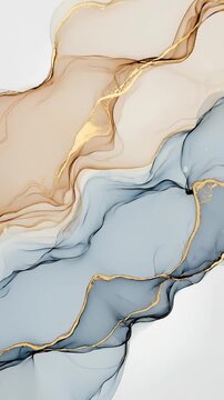 An exquisite abstract background featuring fluid, translucent waves of soft beige, sophisticated blue, and deep grey, elegantly interwoven with shimmering golden lines. This organic and ethereal motio