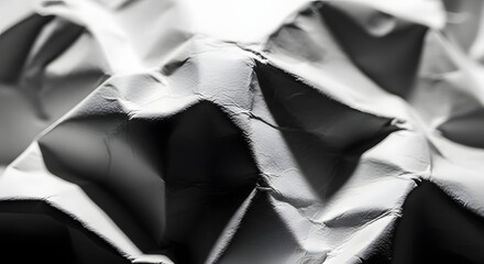 Dramatic closeup of crumpled white paper with stark shadows and highlights, creating an abstract texture for artistic backgrounds