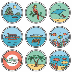 Raja Ampat National Park Minimalist vector icons. Flat style, high resolution, and bold lines. Captures the beauty of Indonesian marine life and islands.