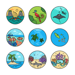 Papua Tourism Icon Set Scalable vector icons of Raja Ampat nature. Clean, bold lines, and beautiful colors. Perfect for travel and Indonesian themes.