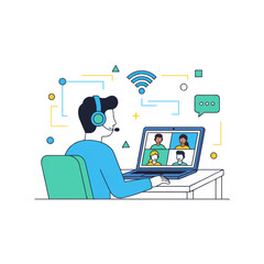 Remote Team Meeting Vector Simple, colorful flat illustration of a person with a laptop & headset. Professional concept for online conference & WFH.