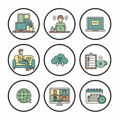 Remote Work Icons Set High-res vector for WFHdigital nomad themes. Flat minimalist style, bold lines, and beautiful color combination. Scalable graphic assets.