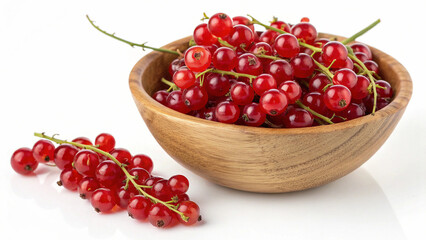 Red Currant in wooden bowl on white surface isolated on white background