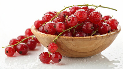 Red Currants in wooden bowl with water drop on white surface on white background