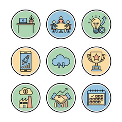 Startup Office Icon Set Minimalist flat vector set. Modern office scenes with a harmonious color blend. Bold, clear lines. High-res for webapps.