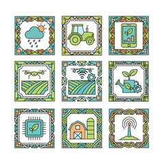 Smart Farming Icon Set Minimalist vector icons with decorative ornaments. Flat style, bold lines, beautiful colors. High-res for AgriTech projects.
