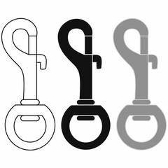 Vector illustration of a bolt snap hook in outline, silhouette, and gray style. Featuring spring latch and circular ring, used for leashes, keychains, and gear attachment icon